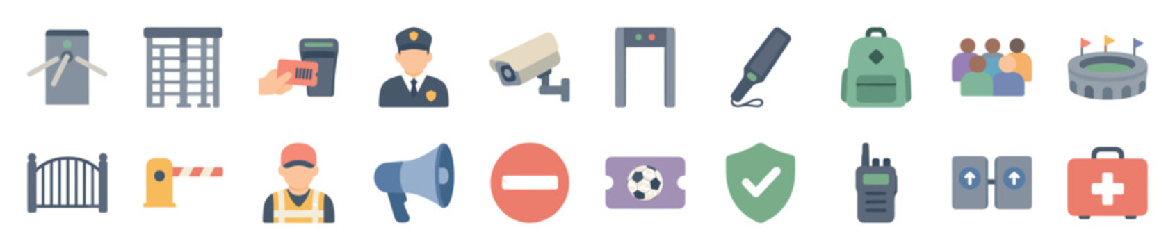 Set of flat icons for stadium security and event management, including a turnstile, guard, metal detector, ticket, and camera, representing access control and safety