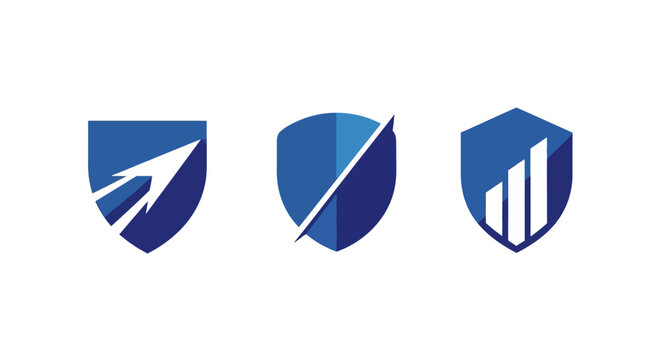 Three blue shield logos with modern design elements.