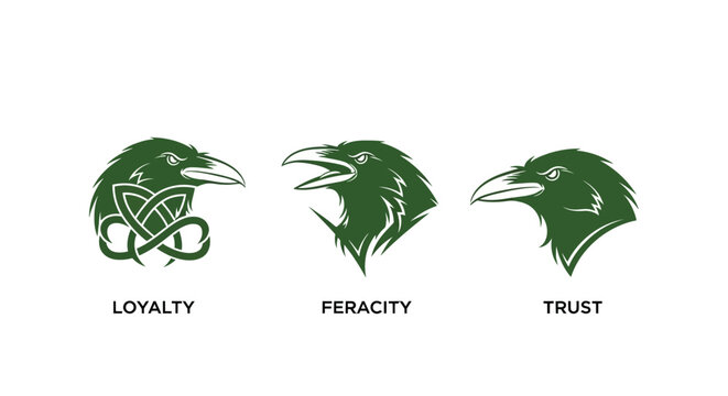 Three Green Raven Heads Symbolizing Loyalty Ferocity Trust.