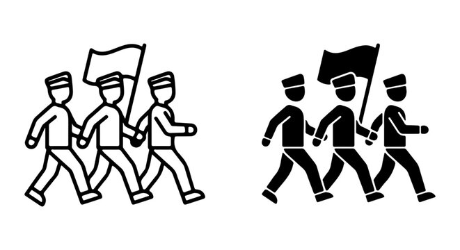 Marching Figures with Flag, Procession Icons, Group Movement Vector Set