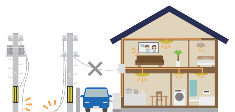 停電でも電気がV2Hや蓄電池から供給されている住宅のイメージイラスト