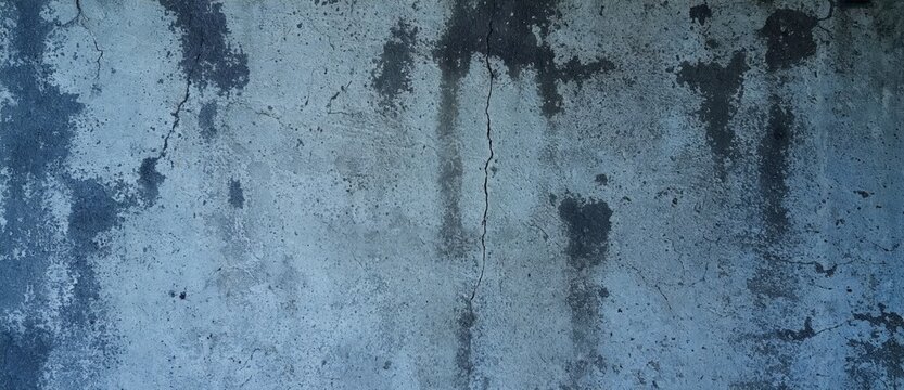 Old grey prison cell wall with crack and dark stain. Grunge texture of weathered concrete surface. Rough material background for architectural design or interior punishment concept.