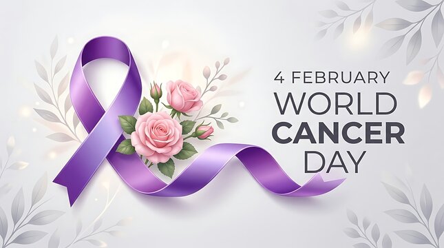 World cancer day concept with purple awareness ribbon and pink rose flowers