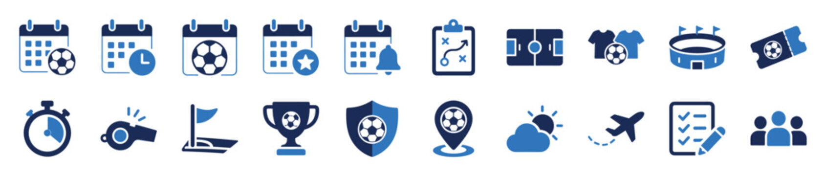 Set of blue two-tone football icons representing match day events, including a calendar, stadium, trophy, ticket, strategy board, and other sports-related symbols