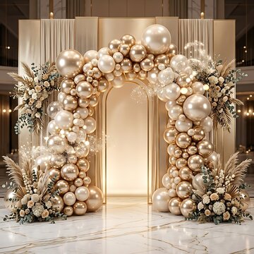 Elegant 'happy birthday' balloon arch with floral arrangement for party decorations