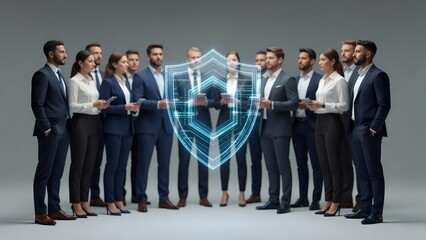 Obraz premium Diverse group of professional business people in suits standing around a glowing blue digital security shield hologram, symbolizing corporate cybersecurity, data protection, and team collaboration for