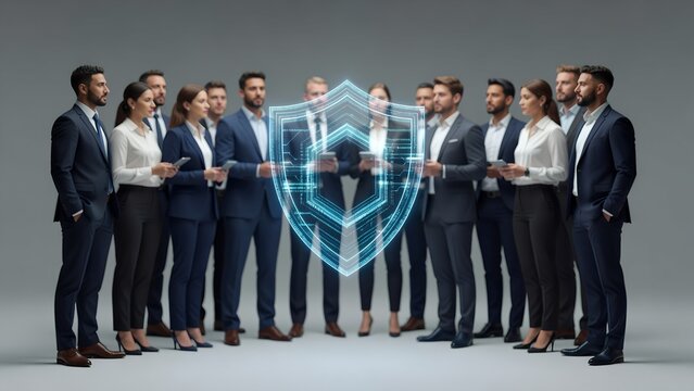Diverse group of professional business people in suits standing around a glowing blue digital security shield hologram, symbolizing corporate cybersecurity, data protection, and team collaboration for