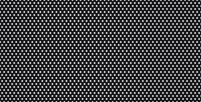 Seamless speaker texture background, white dots pattern on black. Metal perforated texture, steal plate board with mesh comb, aluminium metal sheet bg.