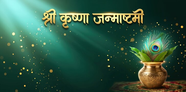 Krishna Janmashtami Festival Banner &ndash; Emerald Gold Glowing Background
