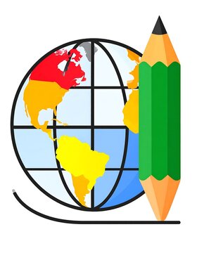 Globe and pencil education symbol.