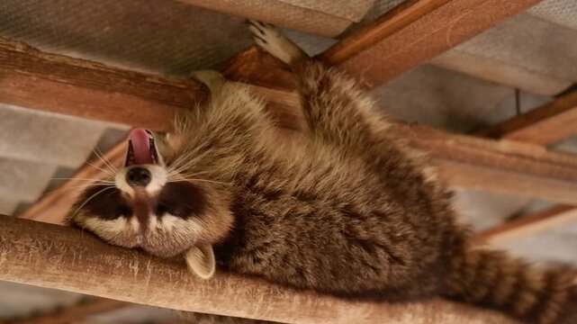Cute fluffy raccoon lying upside down on wooden beams under a roof, yawning and looking at the camera