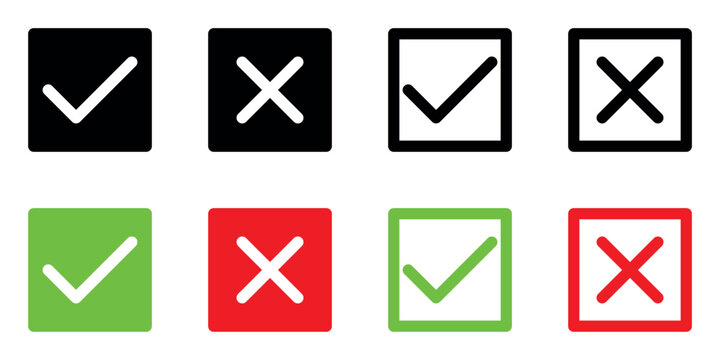 green tick and red x in square, set of OK check mark and X cross color and black and white icon symbol, vector illustration