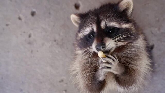 Adorable wild raccoon taking a treat from a human hand and eating it with its little paws
