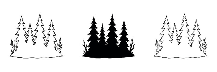 Fototapeta premium Collection of stylized evergreen trees in outline, solid, and hand-drawn styles
