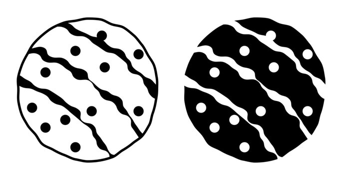 Scoop of ice cream drizzled with syrup and sprinkled with nuts. Simple black and white icon isolated on a white background.