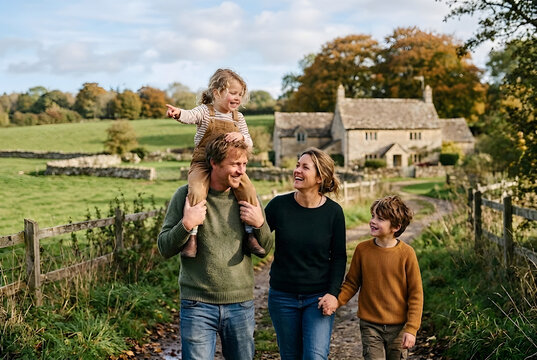 Happy family with two children walking together on a countryside path past a rustic stone cottage