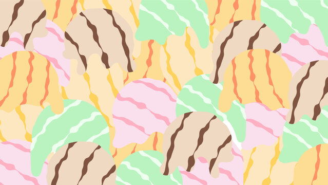 Toppings melt of multi colored melted ice cream drenched in syrup. Vector ice cream background
