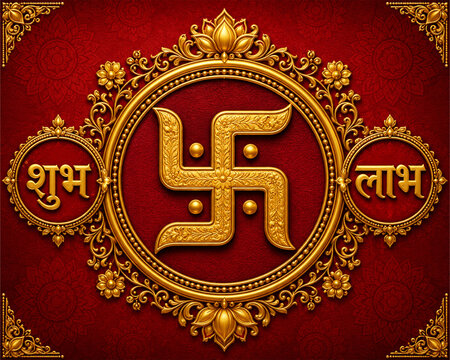 Swastika symbol with Shubh Labh text on red background for Diwali festival