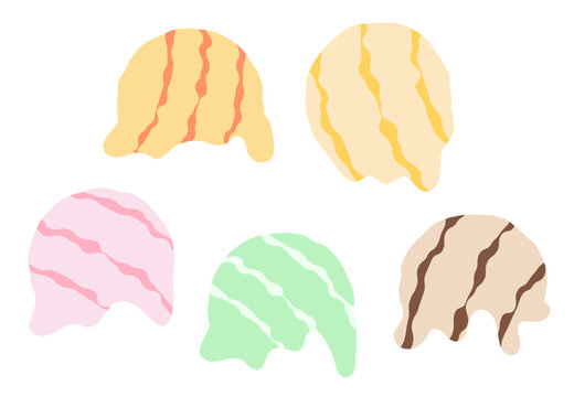 Toppings of multi colored melted ice cream drenched in syrup with drops and streaks of various shapes. Vector ice cream on white background