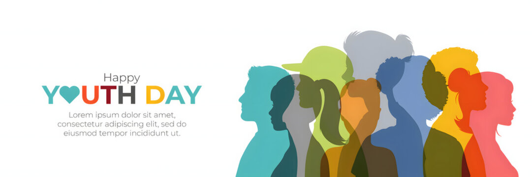Colorful silhouettes of diverse young people standing together in a row, representing youth day celebration with text on white background