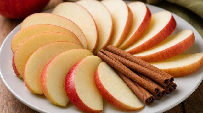 Thinly sliced red apple pieces fanned out on a white plate alongside three cinnamon sticks, a wholesome autumn snack or healthy eating concept for food and nutrition marketing.