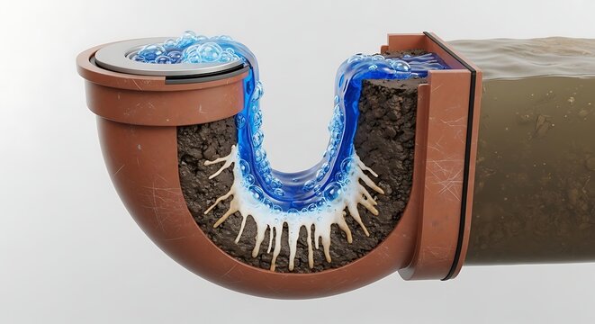 Cross section diagram of a clogged plumbing pipe trap with blue water flowing.