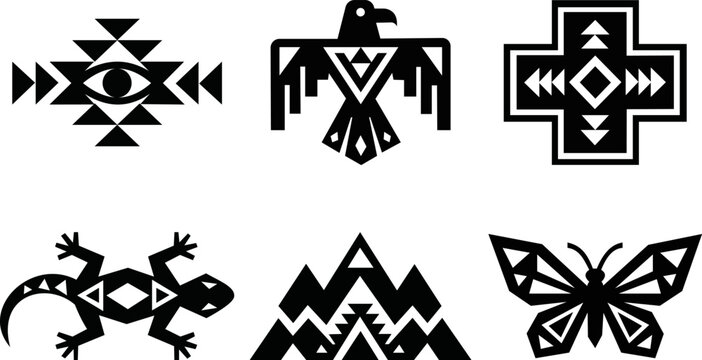 Tribal geometric icons set with Native American ethnic symbols and elements