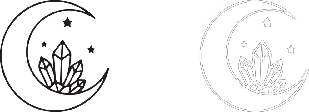 Magic Crescent Moon With Crystals Line Art Element: Vector Illustration For Esoteric Logo Design