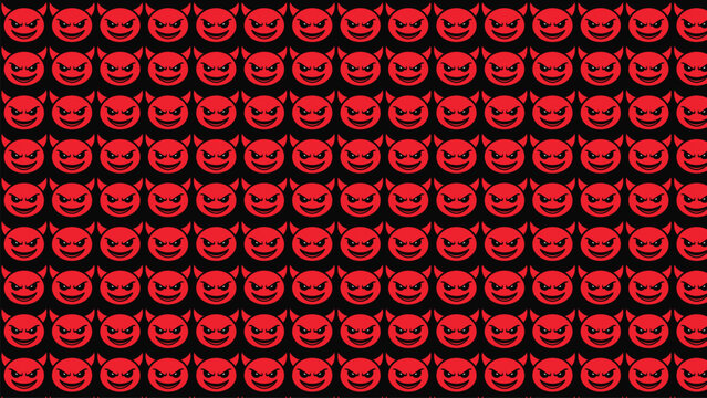 Seamless grid pattern of red devil face emojis with horns and mischievous smile on black background