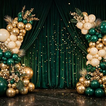 Elegant happy birthday backdrop green velvet curtains with gold balloon garland