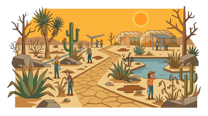 Obraz premium Ecological desert landscape showcasing diverse flora, fauna, and human activity with arid environment and water features for