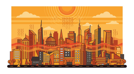 Obraz premium vibrant cityscape illustration showcasing a modern urban skyline during sunset with diverse skyscrapers and energetic atmosphere