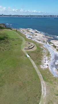 Vertical Aerial 4K Drone Footage Isla Gorriti Punta del Este Uruguay Beach