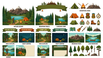 Naklejka premium Vector Camping and Hiking Adventure Landscape Elements Collection Featuring Scenic Nature Scenes and Equipment Icons