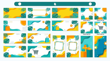 Fototapeta premium Abstract Social Media Post Templates for Shopping and Summer Sales with Tropical Leaves and Organic Shapes