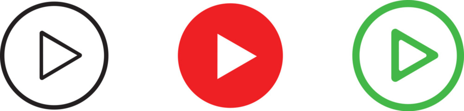 Play button icons in black, red, and green colors for video or music player interface design elements