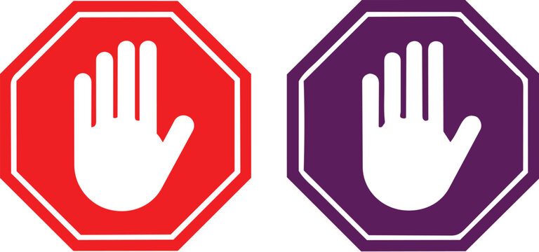 Vector graphic illustration of two stop signs with hand symbols in red and purple colors for design elements