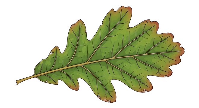 Detailed illustration of a single green oak leaf isolated on white background.