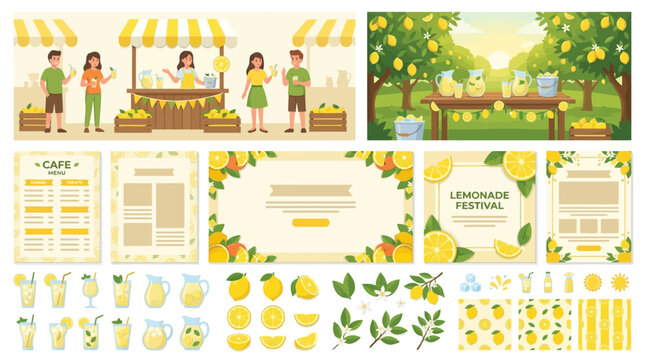 Summer Lemonade Stand Illustration Set with Menu Templates Fresh Lemon Drinks and Fruit Market Elements