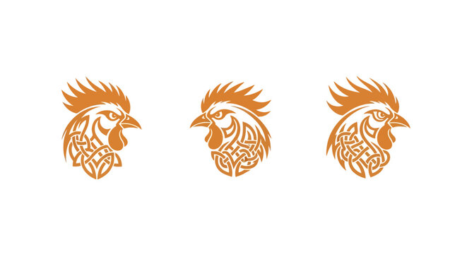 Three Intricate Orange Rooster Head Silhouettes.