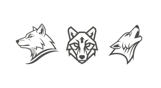Three distinct wolf head illustrations in black and white.
