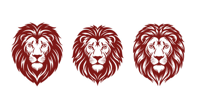 Three Intricate Lion Head Silhouettes in Maroon.