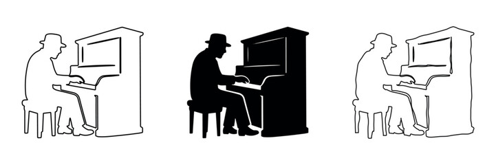 Silhouette of a man in a hat playing the piano, presented in three styles © Ophelia