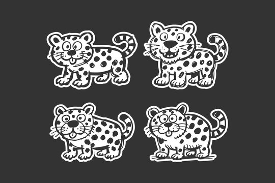 Four cute cartoon leopards with spotted fur patterns and happy facial expressions are drawn in a simple white line art style on a dark gray background