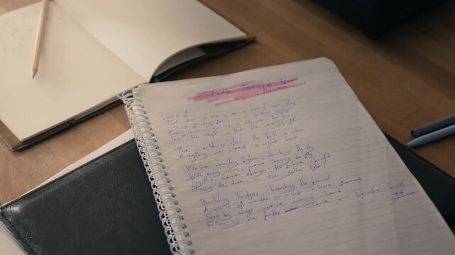 Close-up shot of handwritten lyrics in spiral notebook resting on wooden desk next to blank notepad. Clip for commercial videos about creative writing, music education, or songwriting