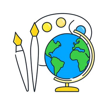 Globe with paintbrushes and palette art.