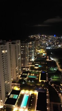 Vertical Aerial 4K Drone Night Footage Punta del Este Uruguay Coastal City Lights