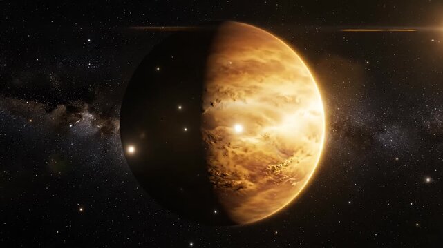 Rocky orange desert planet and moon in outer space.