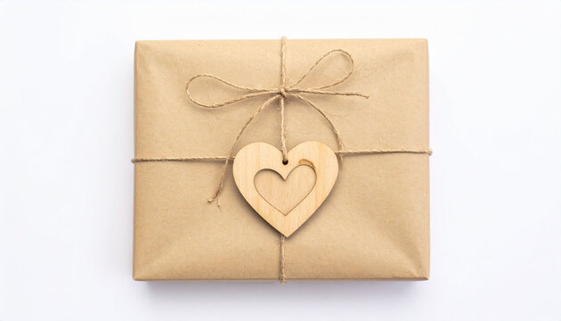 Brown Kraft Paper Gift with Heart Ornament on White Background