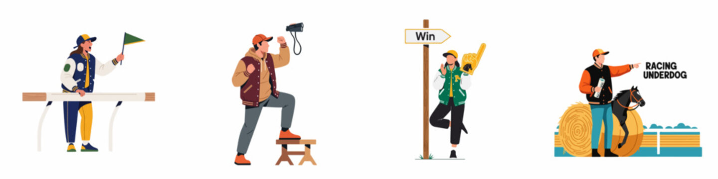 Set of flat illustrations featuring horse racing fans and spectators cheering with flags, binoculars, and foam fingers at a derby competition event.